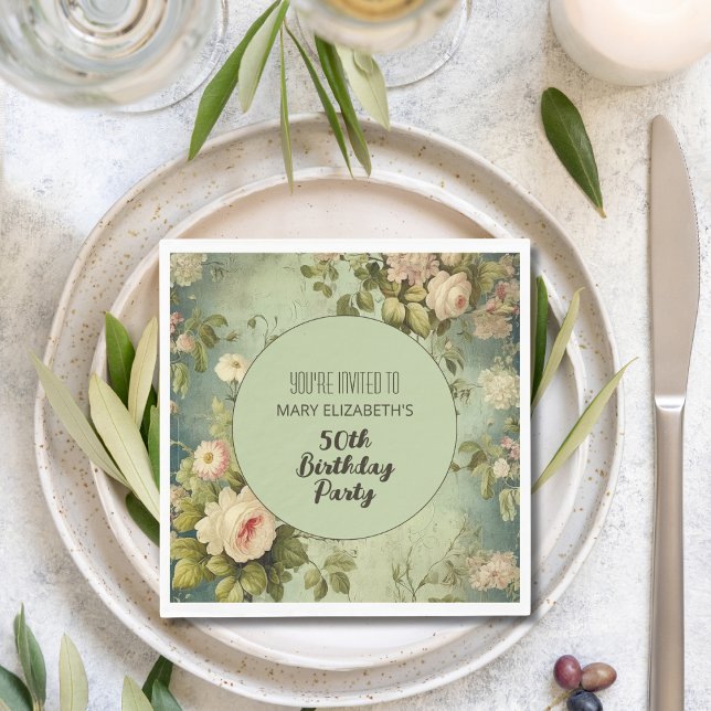 Custom Floral Rose Greenery BIrthday Party Napkin (Creator Uploaded)