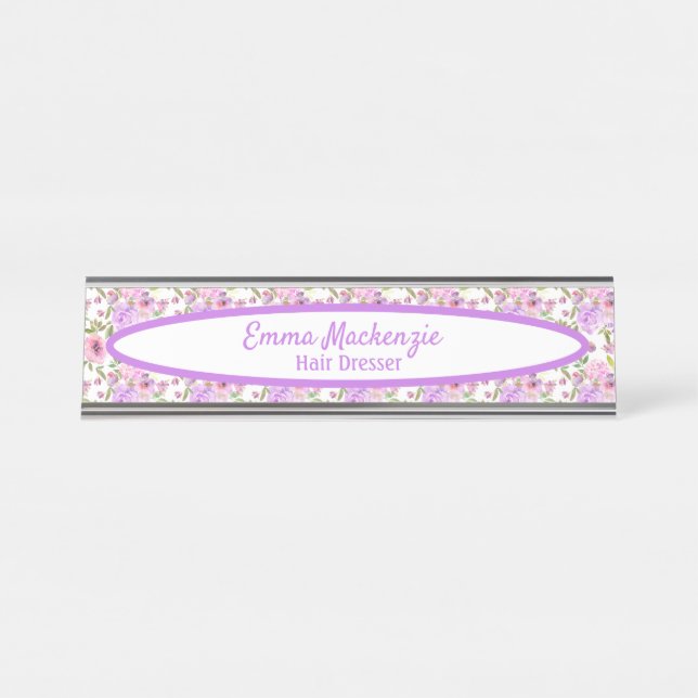 Custom Floral Station Purple Flowers Desk Sign (Front)