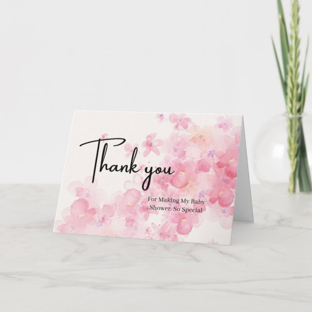 Custom Floral Stork Baby Shower Thank You Note Card (Front)