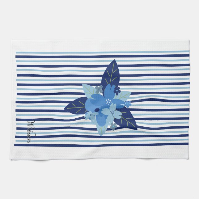 Custom floral stripped pattern monochromatic blue tea towel (Horizontal)