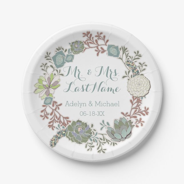 Custom Floral Succulent Wedding Paper Plates (Front)