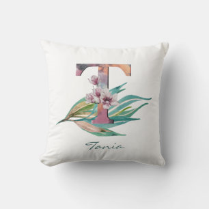 Custom Floral T Letter Watercolor Foliage Monogram Cushion