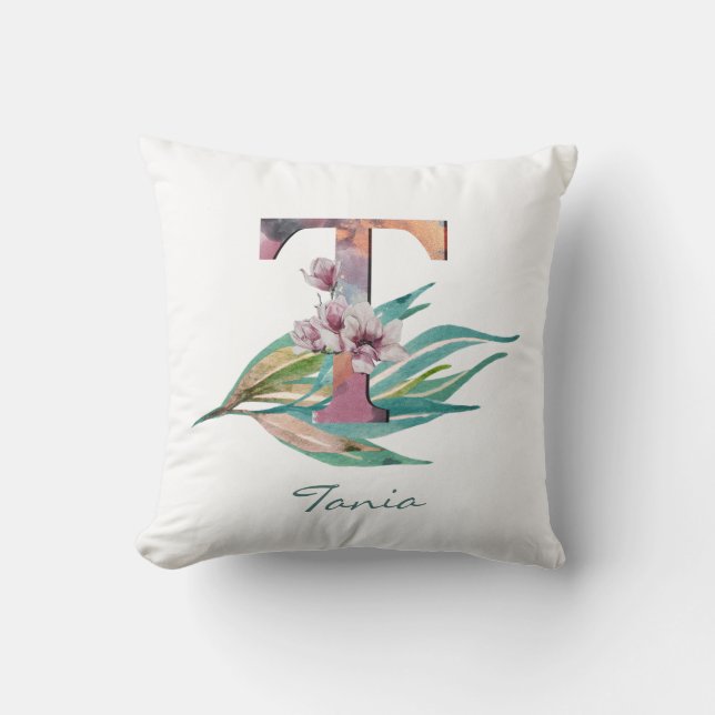 Custom Floral T Letter Watercolor Foliage Monogram Cushion (Front)