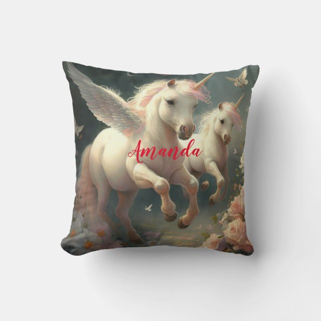 Custom floral Unicorns, flying little pony     Cushion (Front)
