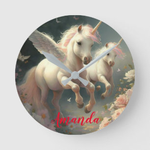 Custom Floral Unicorns flying, little pony     Round Clock