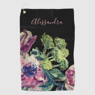 Custom Floral Watercolor Black Pink Botanical Chic Golf Towel