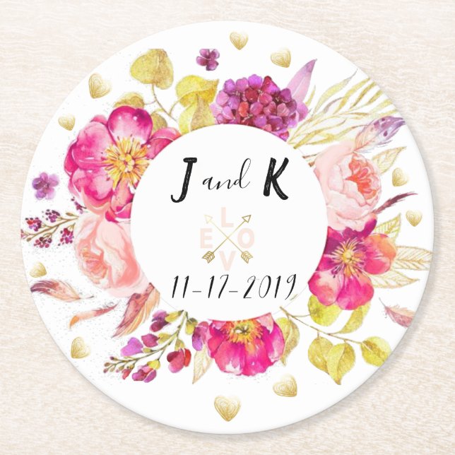 Custom Floral Wedding Design Round Paper Coaster (Front)