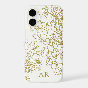 Custom Floral White Gold Retro Botanical Line Art