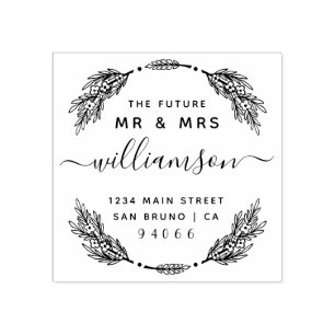 Custom Floral Wreath Future Mr & Mrs Return Addres Rubber Stamp