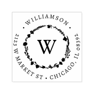 Custom Floral Wreath Round Name & Return Address Self-inking Stamp
