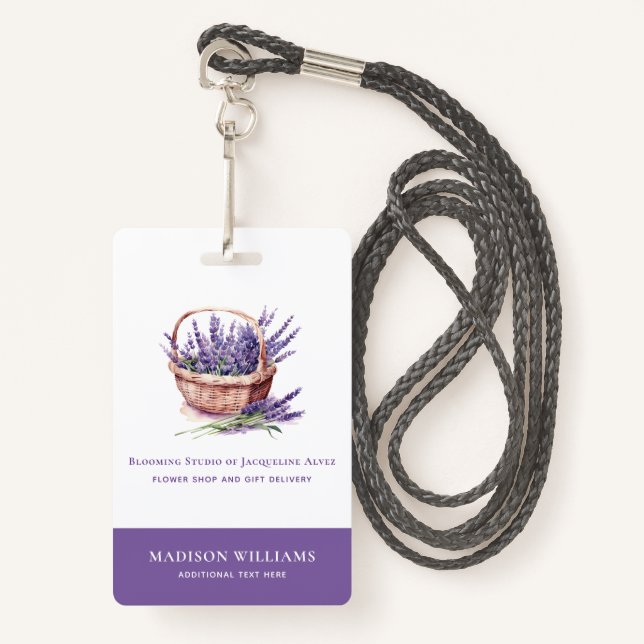 Custom Florist Business Watercolor Lavender ID Badge (Front with Lanyard)