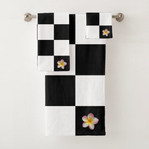 Custom Flower on Black and White Chequered Pattern Bath Towel Set