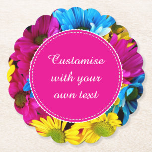 Custom Flowers in Fluorescent Colours Custom Text Paper Coaster