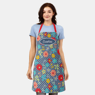 Custom Flowers White Polkadots Pattern On Blue Apron