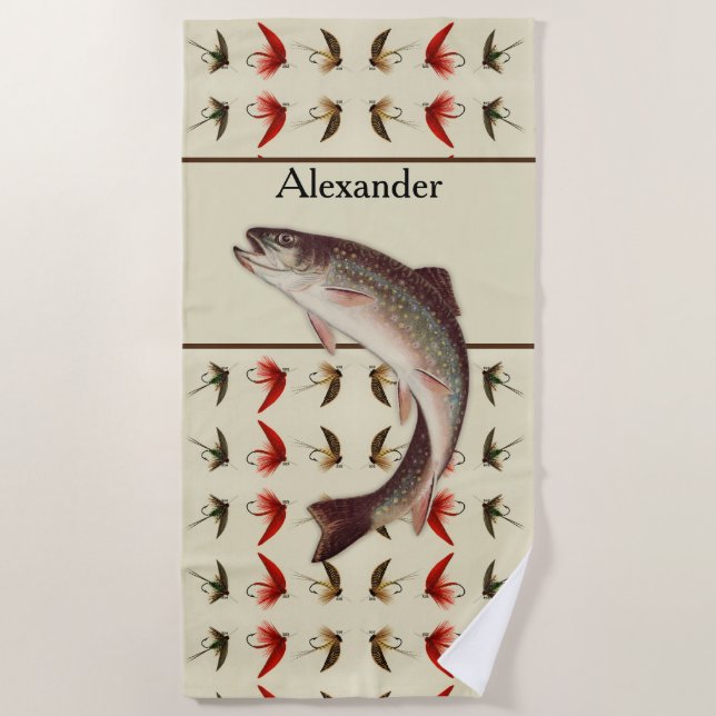 Custom Fly Fishing Flies Rainbow Trout Rustic  Beach Towel (Front)