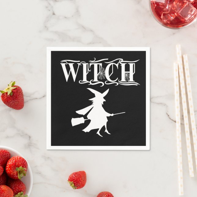 Custom Flying Witch White Typography Halloween Napkin (Insitu)