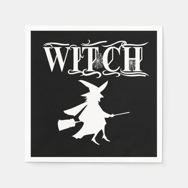 Custom Flying Witch White Typography Halloween Napkin (Front)