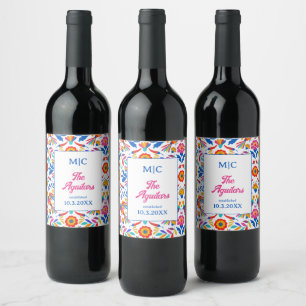 Custom Folk Art Floral Fiesta Monogram Wedding Wine Label