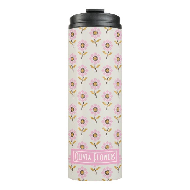 Custom Folk Cross Stitch Floral Pattern Thermal Tumbler (Front)
