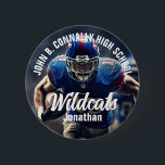Custom Football Player Photo High School Spirit 6 Cm Round Badge<br><div class="desc">This cool customised high school football player photo spirit button features white typography of your team and player name. Personalise with the mascot type across the athlete photograph.</div>
