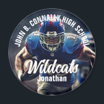 Custom Football Player Photo High School Spirit Magnet<br><div class="desc">This cool customised high school football player photo spirit magnet features white typography of your team and player name. Personalise with the mascot type across the athlete photograph.</div>