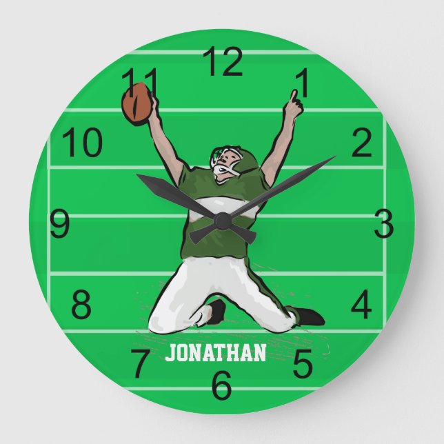 Custom Football Player Touchdown Green and White Large Clock (Front)
