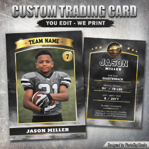 Custom Football Trading Card, Black Gold Stadium Calling Card