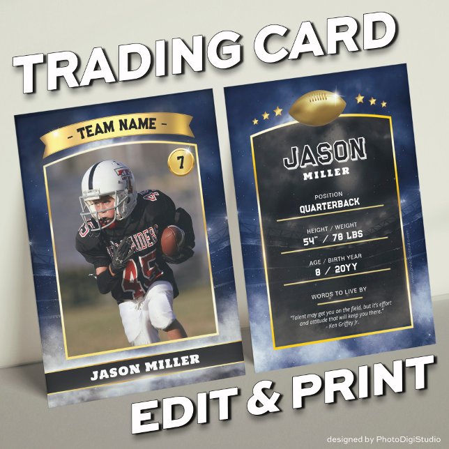 Custom Football Trading Card Blue Gold Stadium (Custom Trading Card Black, Editable Football Trading Card, Modern Blue Gold Stadium Design)