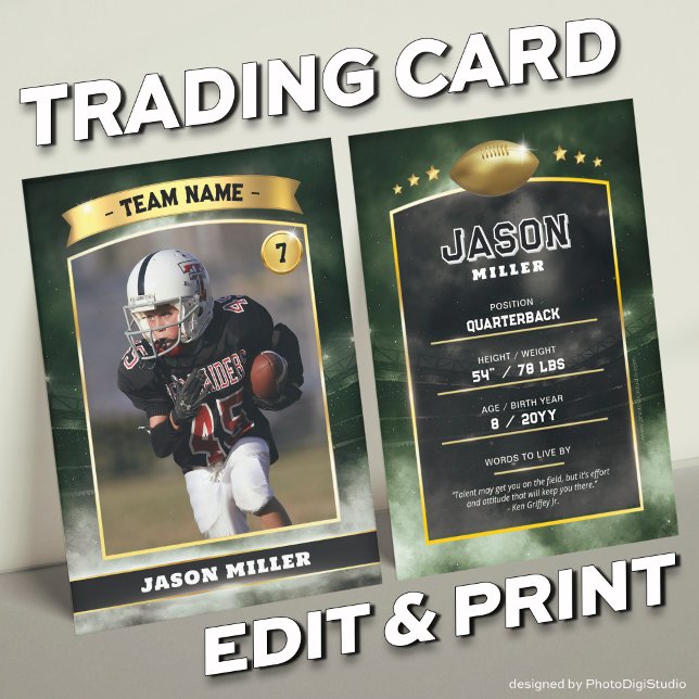 Custom Football Trading Card Green Gold Stadium (Custom Trading Card Black, Editable Football Trading Card, Modern Green Gold Stadium Design)