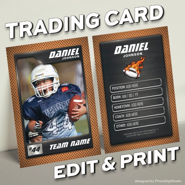 Custom Football Trading Card, Player Profile Card (Custom Football Trading Card, Player Profile Card, Silver Orange Trading Card Personalized Card)