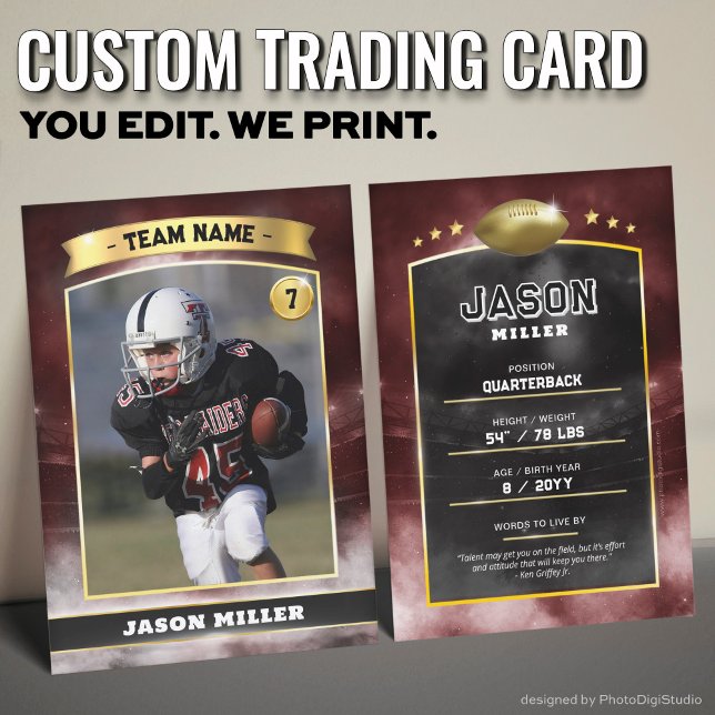 Custom Football Trading Card Red Gold Stadium (Custom Trading Card Black, Editable Football Trading Card, Modern Red Gold Stadium Design)
