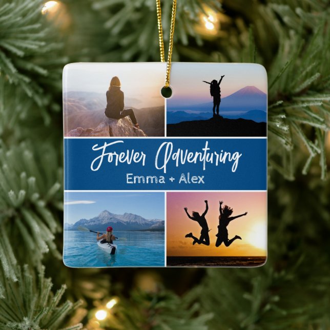 Custom Forever Adventuring 8 Photo Collage Ceramic Ornament (Tree)