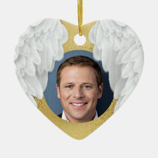 Custom Forever Angel Wings Photo Memorial  Ceramic Ornament (Front)