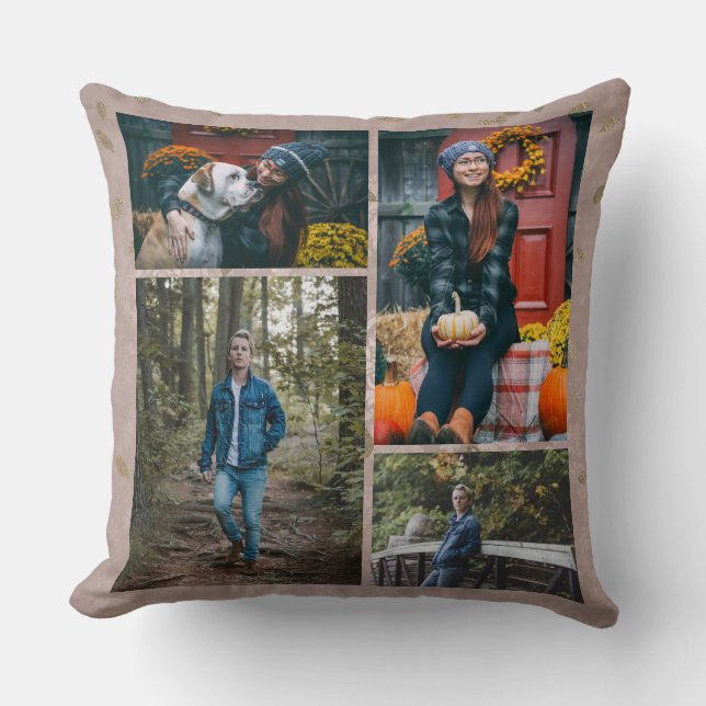 Custom / Four Photo Collage Glam Rose Gold Leaves Cushion (Front)