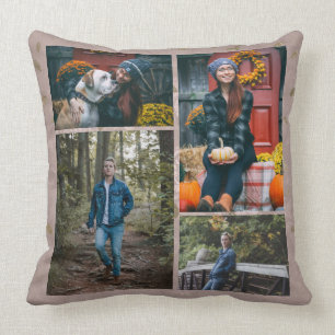 Custom / Four Photo Collage Glam Rose Gold Leaves Cushion