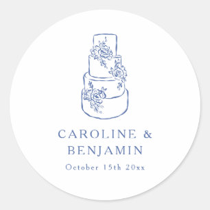 Custom French Blue Doodle Minimalist Wedding Cake Classic Round Sticker