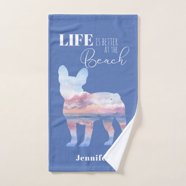 Custom French Bulldog Beach Scene Towel Set (Hand Towel)