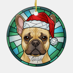 Custom French Bulldog Dog Santa Hat Stained Glass Ceramic Ornament