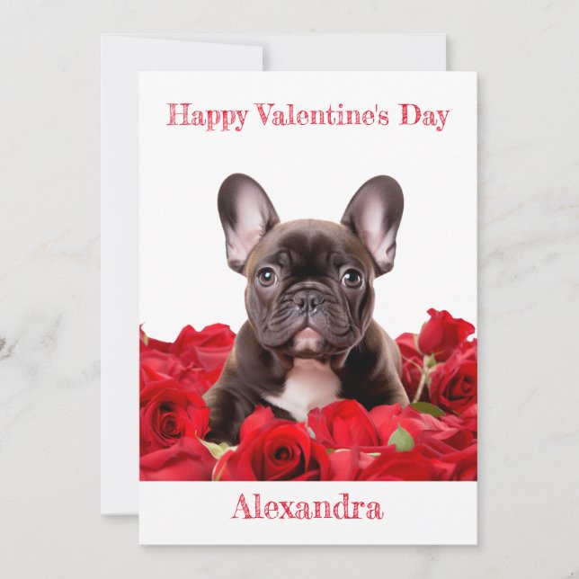 Custom French Bulldog on Red Roses Valentine Holiday Card (Front)
