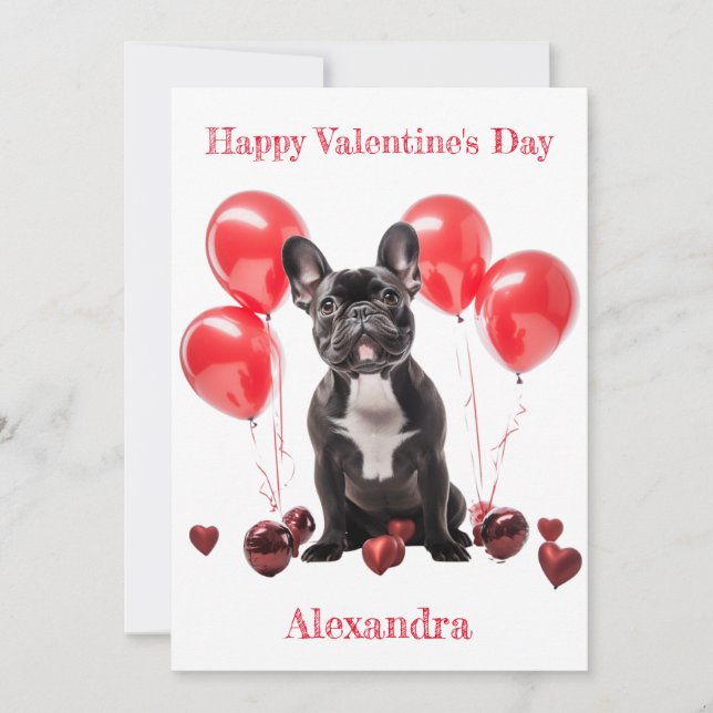 Custom French Bulldog Red Balloons Valentine Holiday Card (Front)