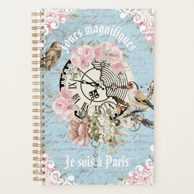 Custom French Ephemera artwork Birds flowers blue Planner (Front)