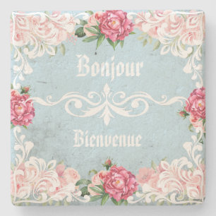 Custom french letters white lace botanical artsy stone coaster