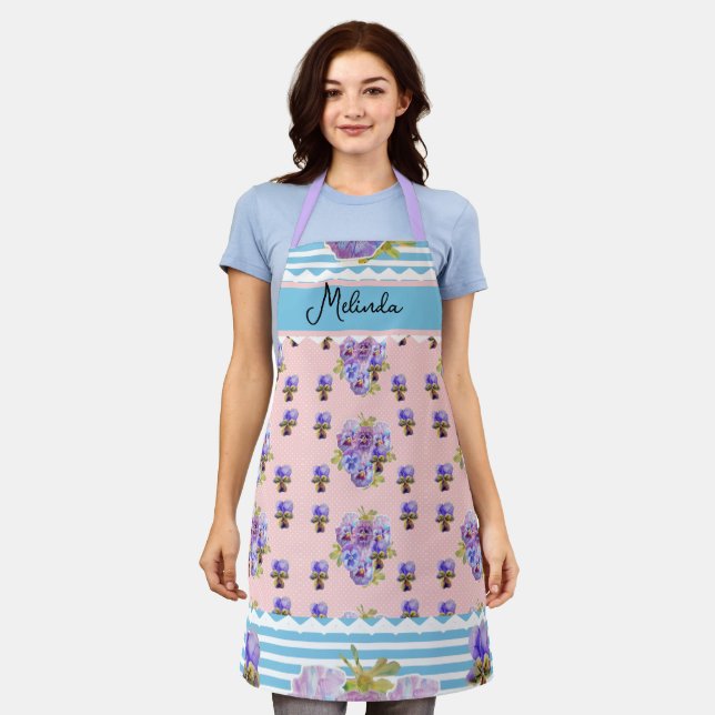 Custom French Pastel Pink Blue Pansy Womans Name Apron (Worn)