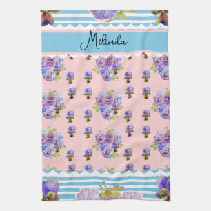 Custom French Pastel Pink Blue Pansy Womans Name Tea Towel