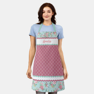 Custom French Pastel Teal Blue Blush Pink Roses Apron
