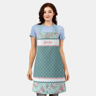 Custom French Pastel Teal Blue Blush Pink Roses Apron