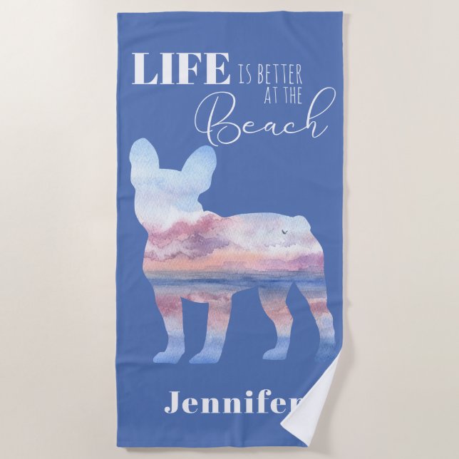 Custom Frenchie Beach Scene Silhouette Beach Towel (Front)