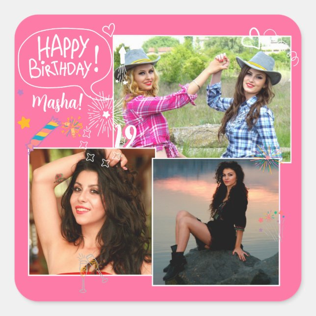 Custom Friend Happy Birthday Photo Collage  Square Sticker (Front)