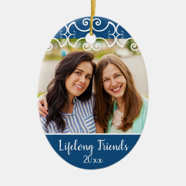Custom Friends 2-Side Photo Classic Blue Christmas Ceramic Ornament (Front)