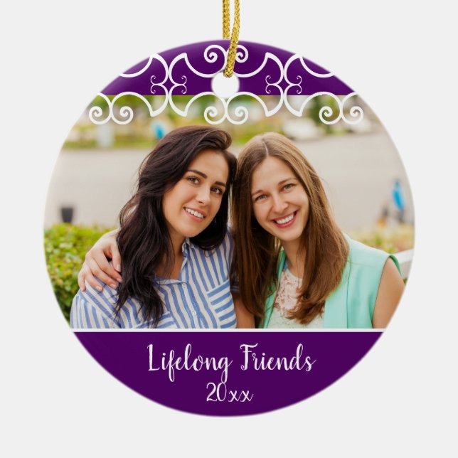 Custom Friends 2-Sided Photo Purple Christmas Ceramic Ornament (Front)